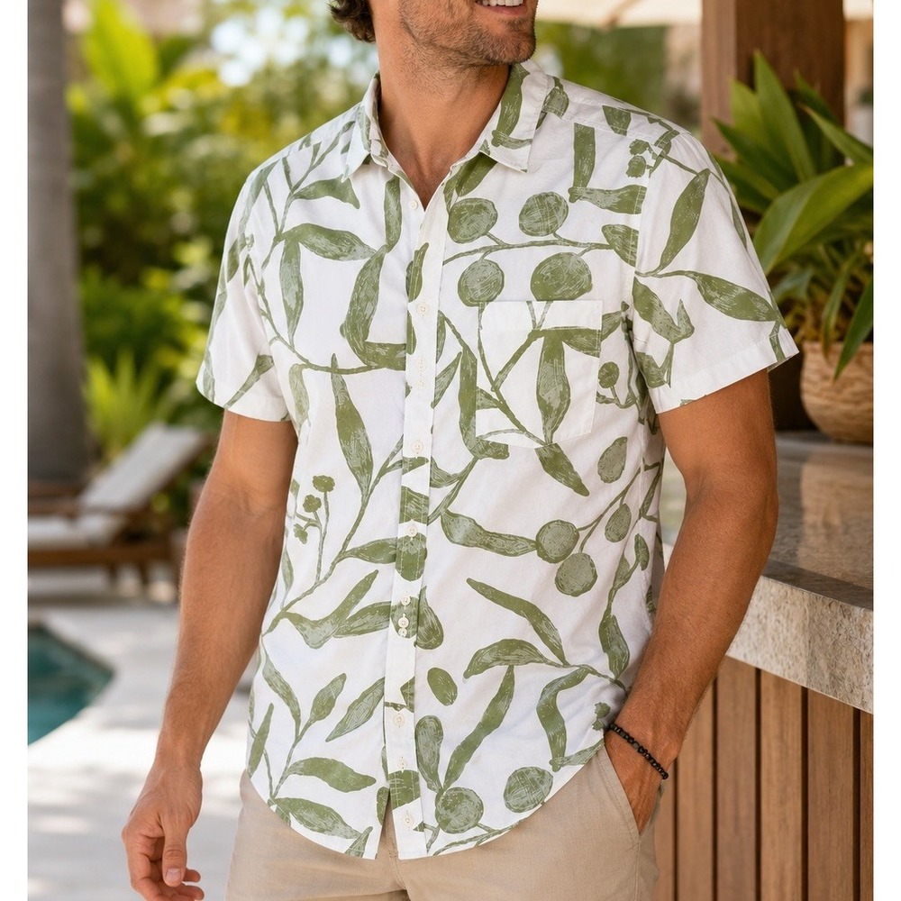 Goodfellow & Co Men's L Green Leaves White Button Up Shirt NEW Cotton Slim